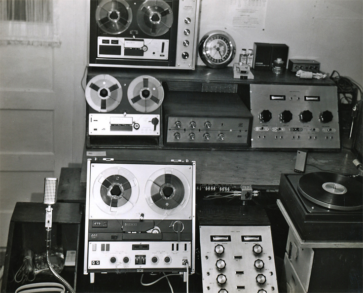 Custom studio mixer, Bogan mixer, Eico 2080 amplifier, Garrard Lab 80 and Shure 556 in the original Phantom recording studio in Alpine, Texas 