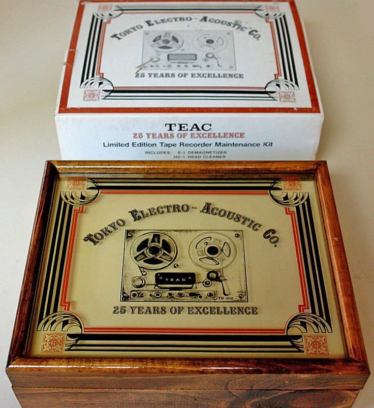 Teac glass & wood Limited Edition box that Teac created to celebrate their 25th anniversary in 1988. The box and all the accessories are in the Museum of MAgnetic Sound Recording's vintage reel tape recorder recording collection.