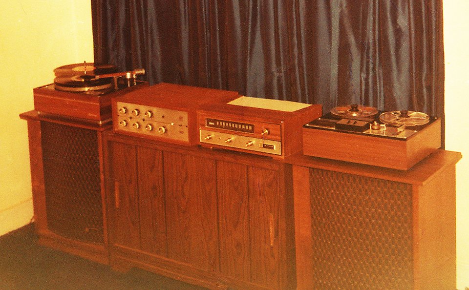 Custom studio mixer, Bogan mixer, Eico 2080 amplifier, Garrard Lab 80 and Shure 556 in the original Phantom recording studio in Alpine, Texas