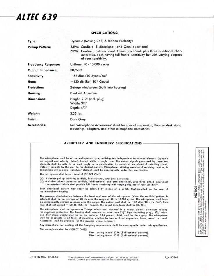 Altec 639A microphone ispecification fact sheet in the Reel2ReelTexas.com / Museum of Magnetic Sound Recording vintage microphone and recording equipment collection