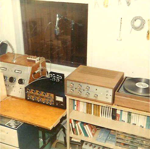 Custom studio mixer, Bogan mixer, Eico 2080 amplifier, Garrard Lab 80 and Shure 556 in the original Phantom recording studio in Alpine, Texas