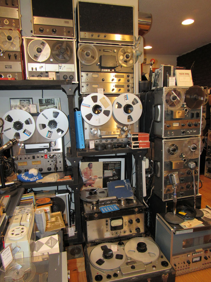 Wall of Ampex reel to reel tape recorder in the Reel2ReelTexas.com vintag.....