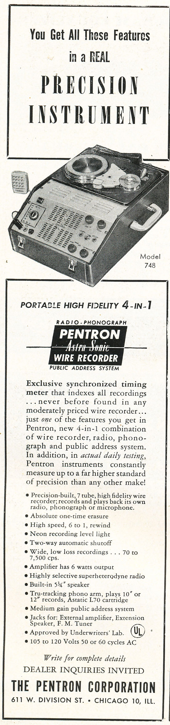 1948  ad for Pentron DAstroSonic wire recorders in the Reel2ReelTexas.com vintage reel tape recorder recording collection