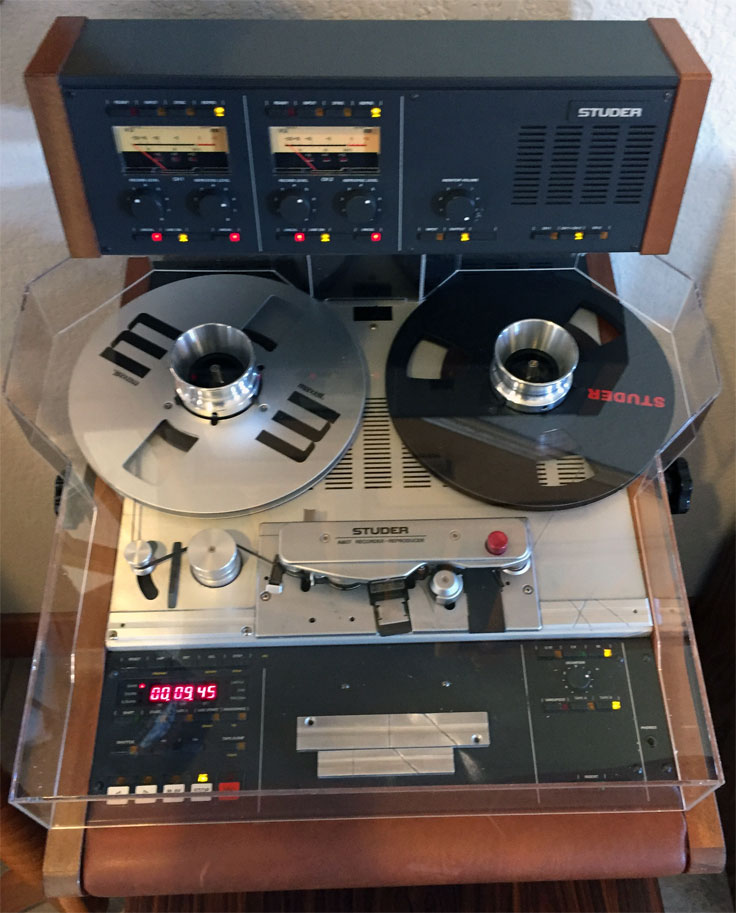 Studer A807 reel to reel tape rcorder with custom dust cover in the Reel2ReelTexas.com vintage reel tape recorder recording collection