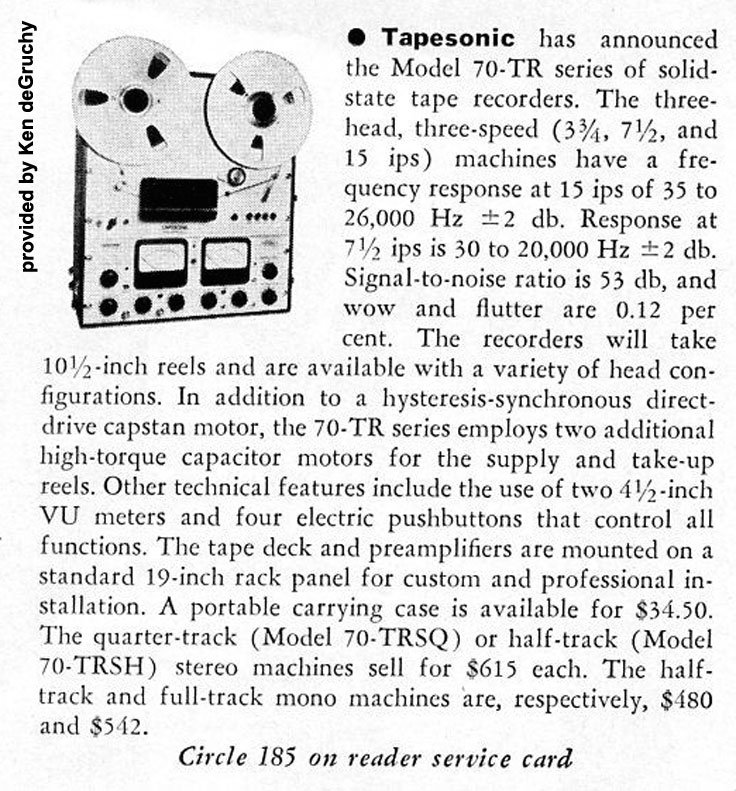ad for the Tapesonic Model 70 TR provided by Ken de Gruchy