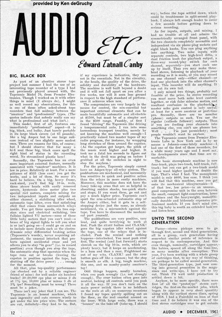 1961 Audio magazine review of the Tapesonic Model 70 orovided by Kenneth de Gruchy