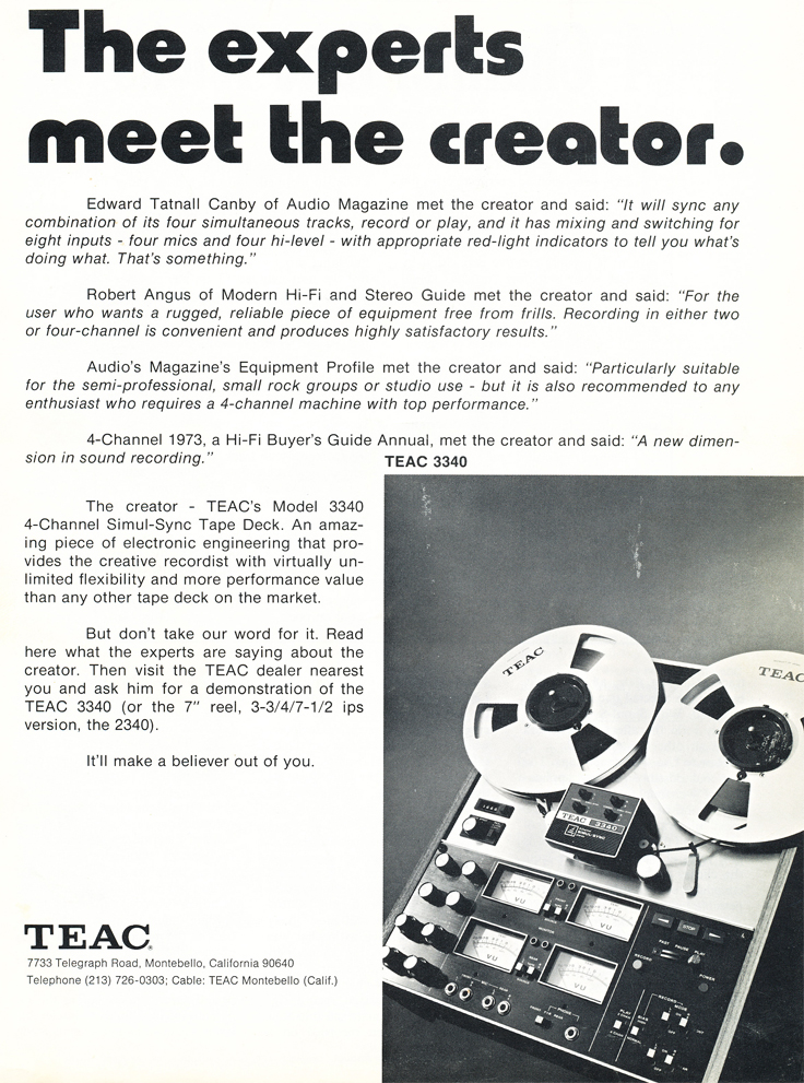 Ad for the Teac A-3340 4 track simul-Sync reel to reel tape recorder in the Reel2ReelTexas.com vintage reel tape recorder recording collection