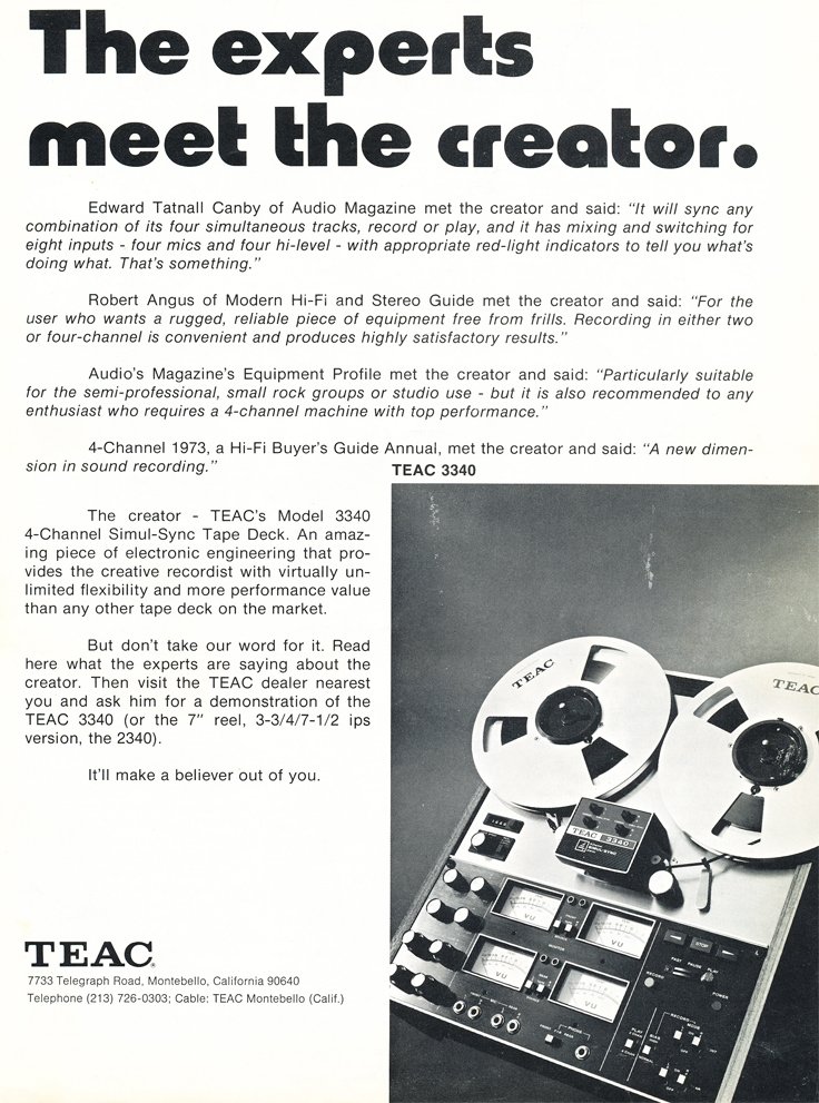 Ad for the Teac A-3340 4 track simul-Sync reel to reel tape recorder in the Reel2ReelTexas.com vintage reel tape recorder recording collection