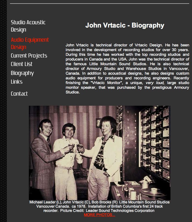 Michael Leader (L), John Vrtacic (C), Bob Brooks (R) Little Mountain Sound Studios Vancouver Canada. ca 1978. Installation of British Columbia's first 24 track recorder. Picture Credit: Leader Sound Technologies Corporation