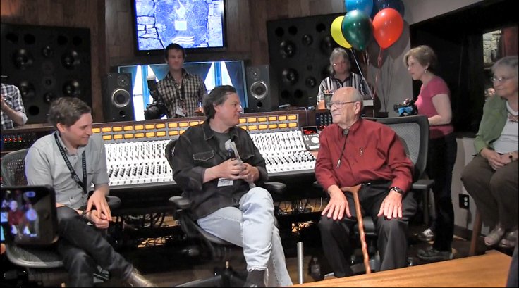 Rupert Neve being interviewed by Billy Crockett during the dedication of the Neve 5088 console in the Blue Rock Studio