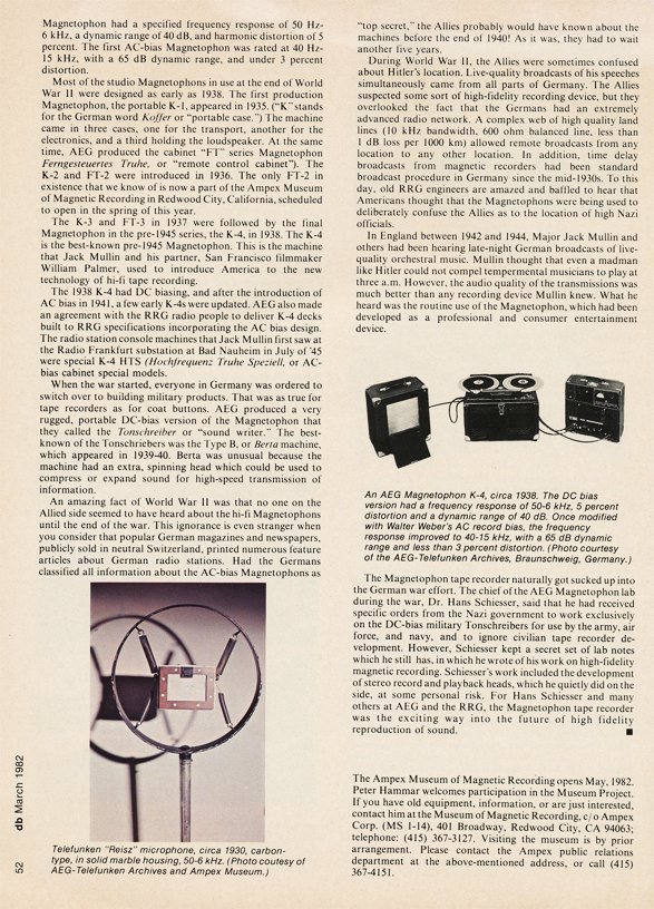 Page 6 of 1982 db magazine article on German reel to reel tape recorders from 1928 to 1945