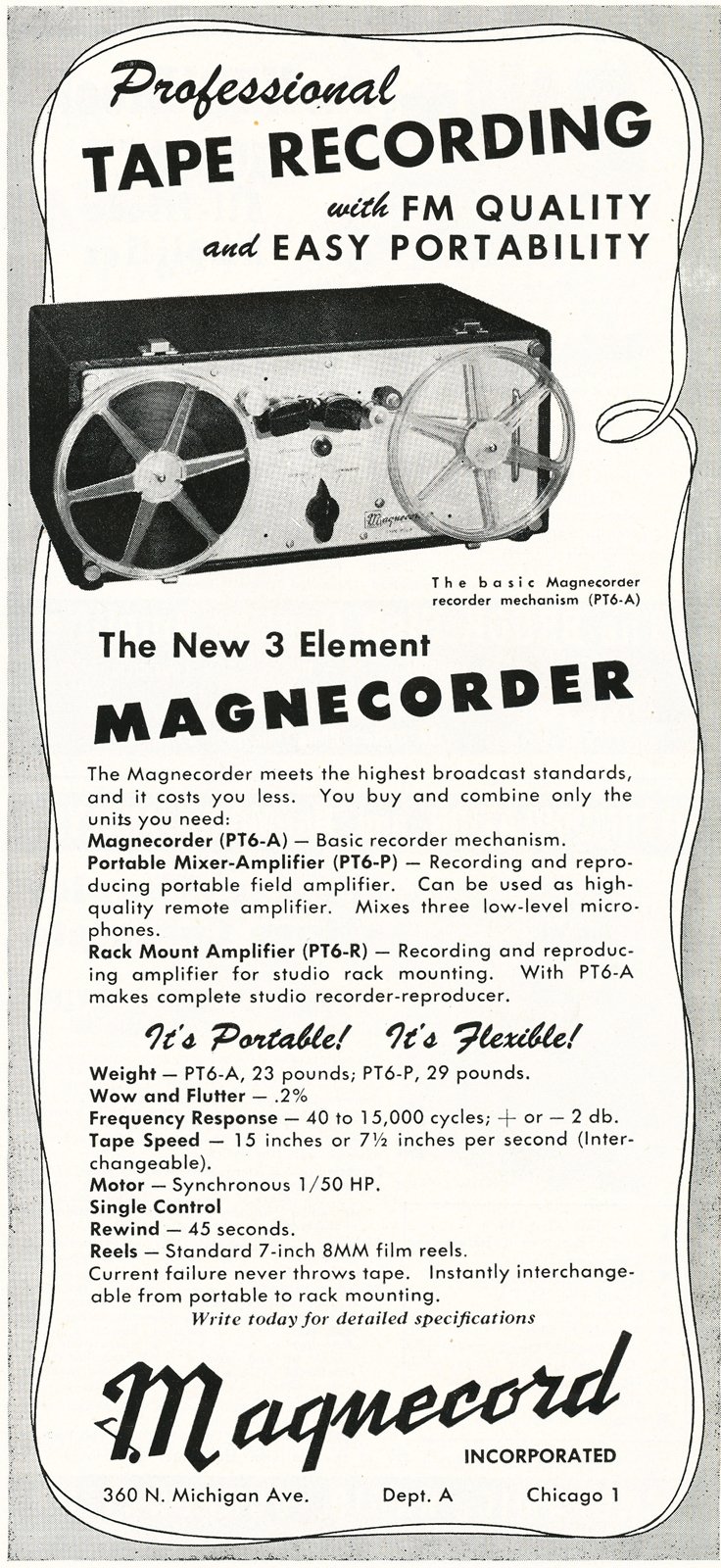 1948 ad for the Magnecord reel to reel tape recorder in the Reel2ReelTexas.com MOMSR vintage reel tape recorder recording collection