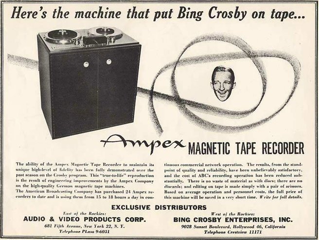 pcture of 1949 Bing Crosby ad for Ampex tape recorders