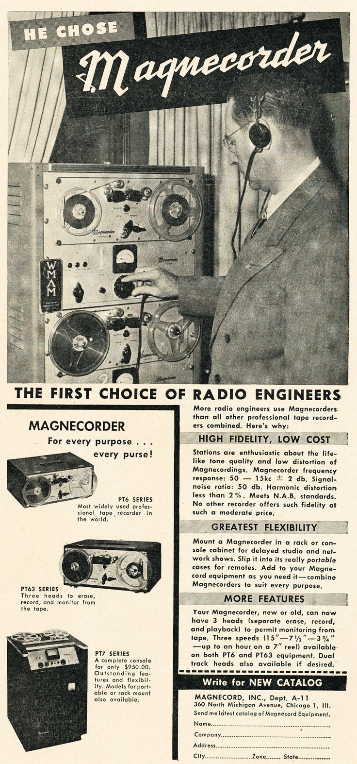 1950 ad for the Magnecord reel to reel tape recorder in the Reel2ReelTexas.com MOMSR vintage reel tape recorder recording collection