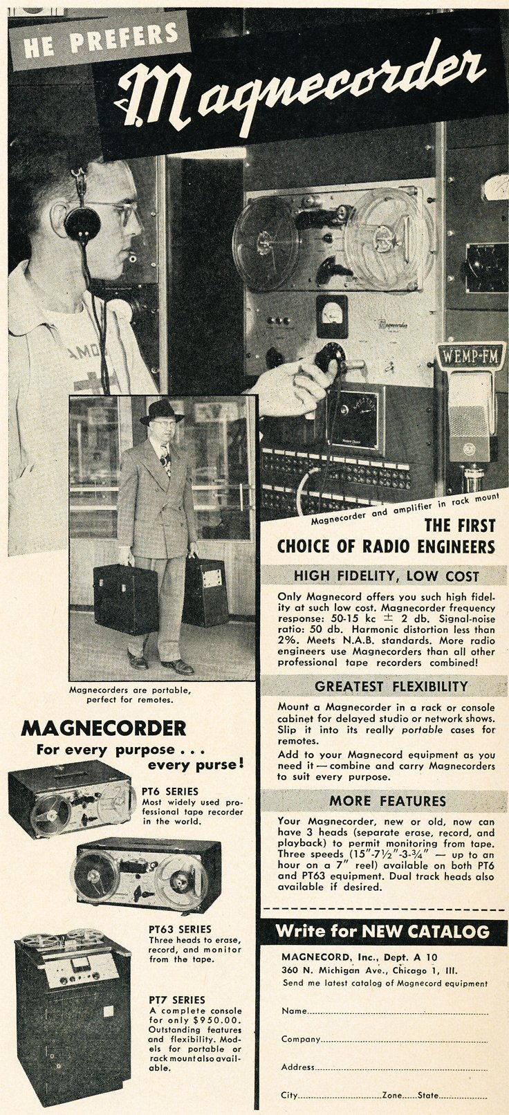 1950 ad for the Magnecord reel to reel tape recorder in the Reel2ReelTexas.com MOMSR vintage reel tape recorder recording collection