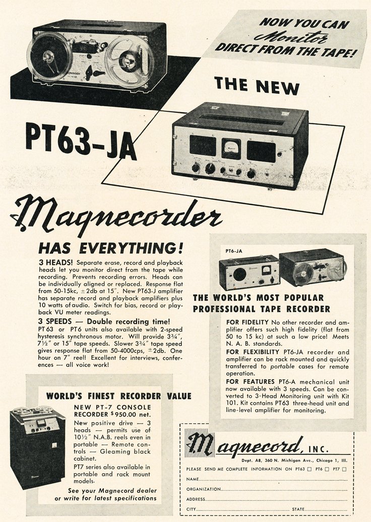 1950 ad for the Magnecord reel to reel tape recorder in the Reel2ReelTexas.com MOMSR vintage reel tape recorder recording collection