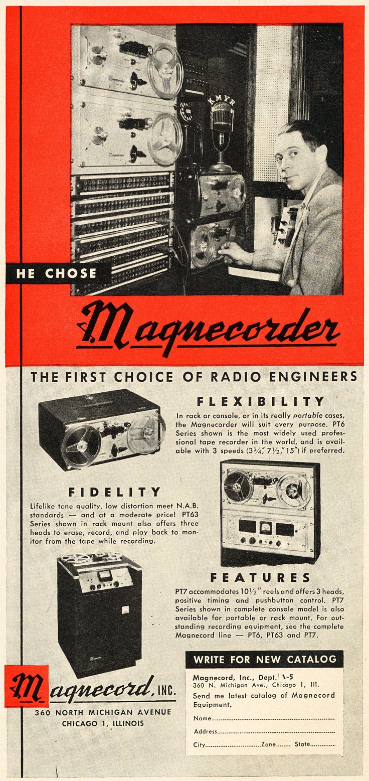 1951 ad for the Magnecord reel to reel tape recorder in the Reel2ReelTexas.com MOMSR vintage reel tape recorder recording collection
