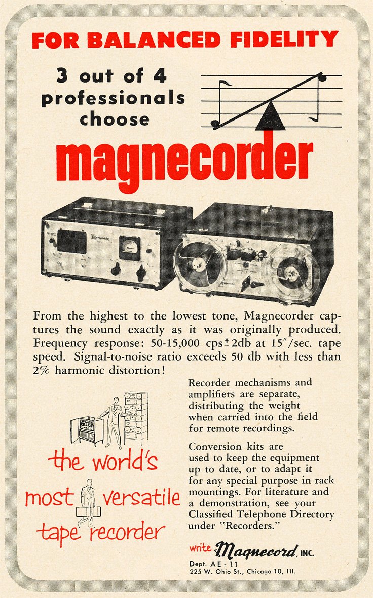 1952 ad for the Magnecord reel to reel tape recorder in the Reel2ReelTexas.com MOMSR vintage reel tape recorder recording collection