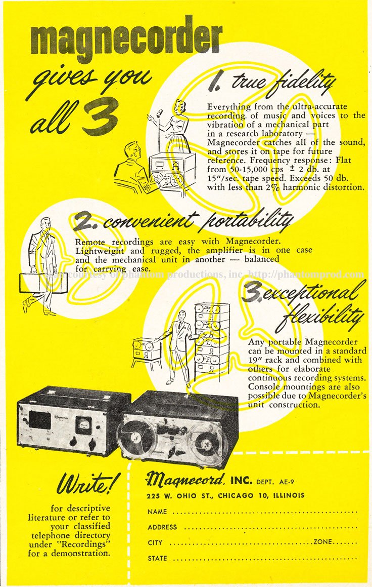 1952 ad for the Magnecord reel to reel tape recorder in the Reel2ReelTexas.com MOMSR vintage reel tape recorder recording collection