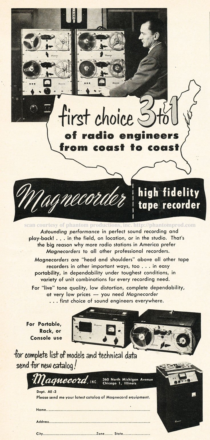 1952 ad for the Magnecord reel to reel tape recorder in the Reel2ReelTexas.com MOMSR vintage reel tape recorder recording collection