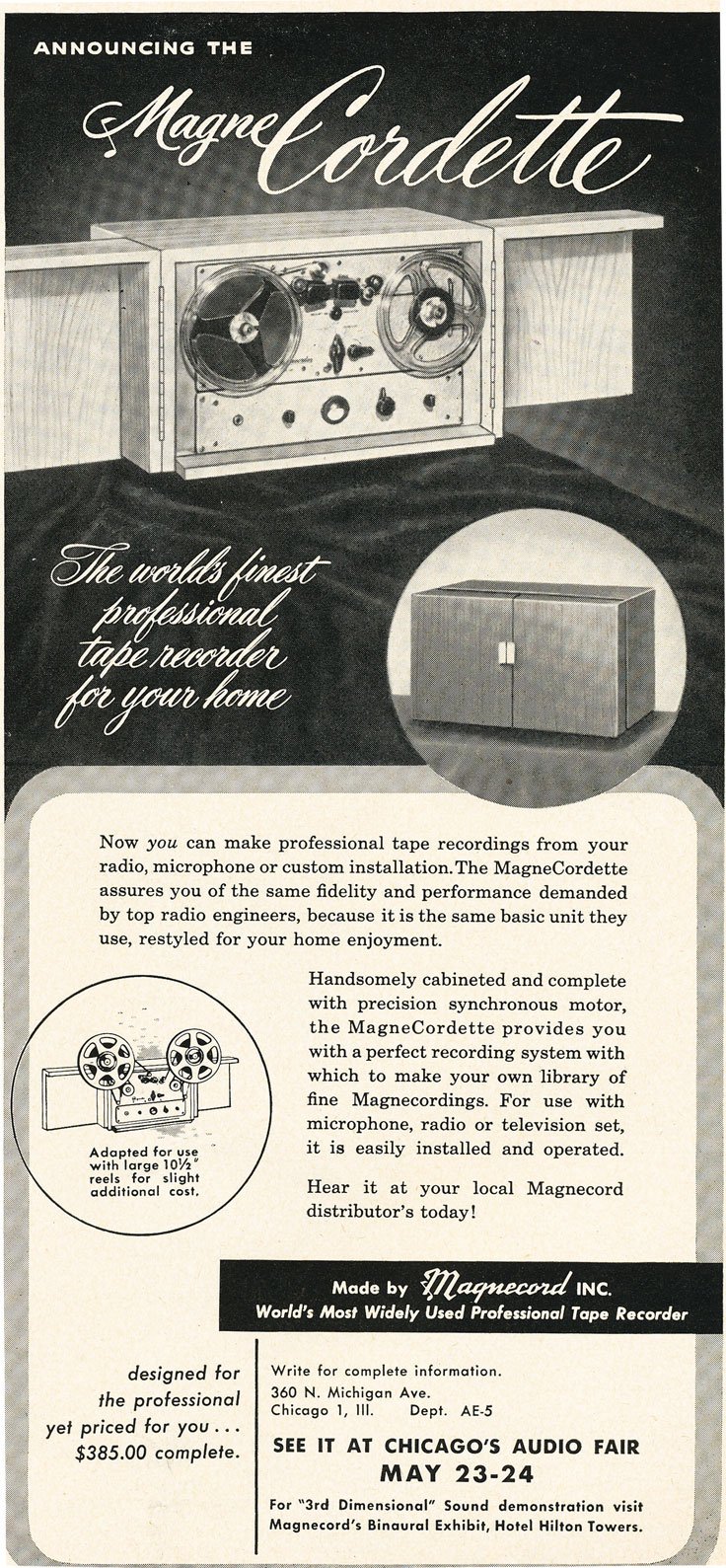 1952 ad for the Magnecord reel to reel tape recorder in the Reel2ReelTexas.com MOMSR vintage reel tape recorder recording collection