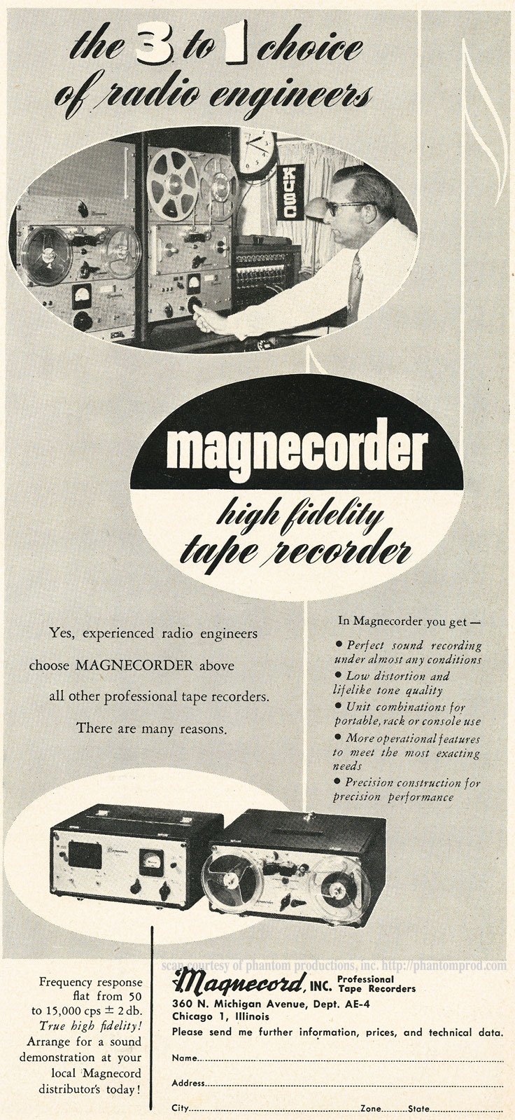 1952 ad for the Magnecord reel to reel tape recorder in the Reel2ReelTexas.com MOMSR vintage reel tape recorder recording collection