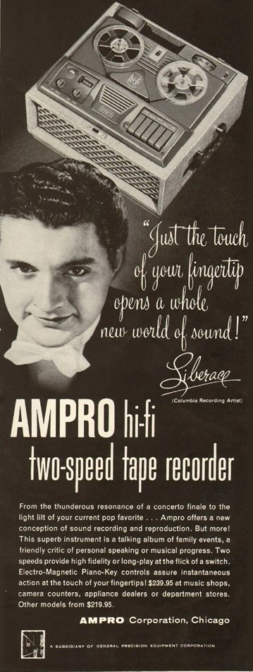 1954 Ampro ad featuring Liberace in the Reel2ReelTexas.com vintage reel tape recorder recording collection