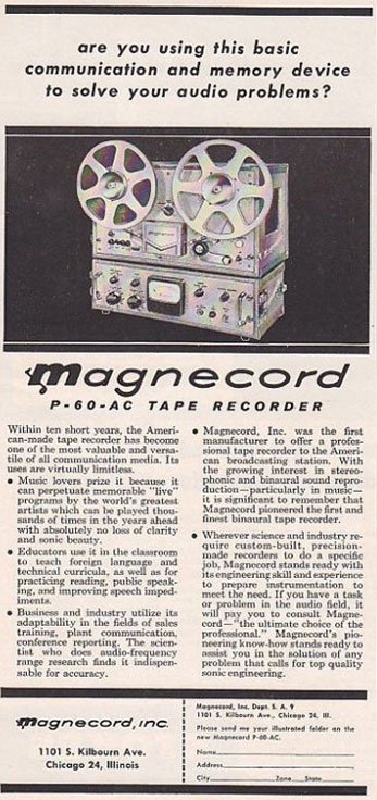 1956 ad for the Magnecord reel to reel tape recorder in the Reel2ReelTexas.com MOMSR vintage reel tape recorder recording collection