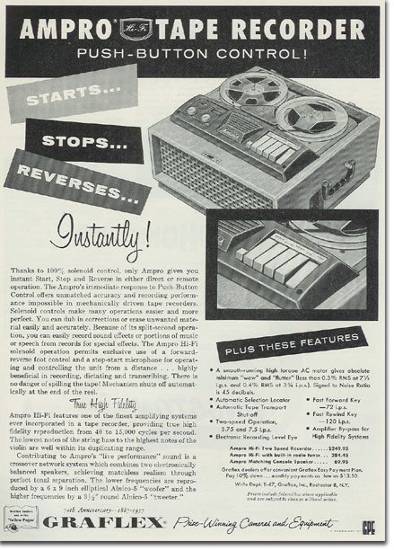 1957 Ampro Graflex reel tape recorder ad in the Reel2ReelTexas.com vintage reel tape recorder recording collection