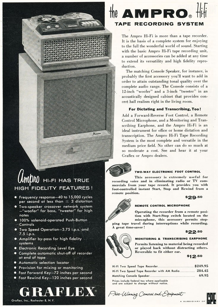 1957 Ampro Graflex reel tape recorder ad in the Reel2ReelTexas.com vintage reel tape recorder recording collection