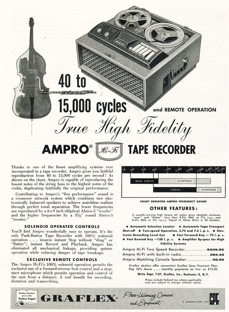 1957 Ampro Graflex reel tape recorder ad in the Reel2ReelTexas.com vintage reel tape recorder recording collection