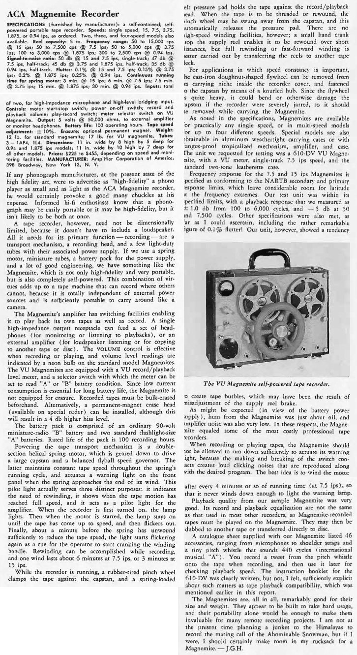 1957 review of the Amplifier Corporation's reel to reel tape recorders including the Magnamite VU in the Reel2ReelTexas.com vintage reel tape recorder recording collection