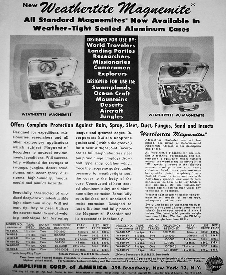 1958 catalog for Amplifier Corporation's reel to reel tpe recorders and supplies including the Magnamite in the Reel2ReelTexas.com vintage reel tape recorder recording collection