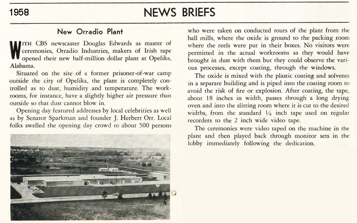 1958 dedication of the new Orradio reel to reel tape manufacturing plant.