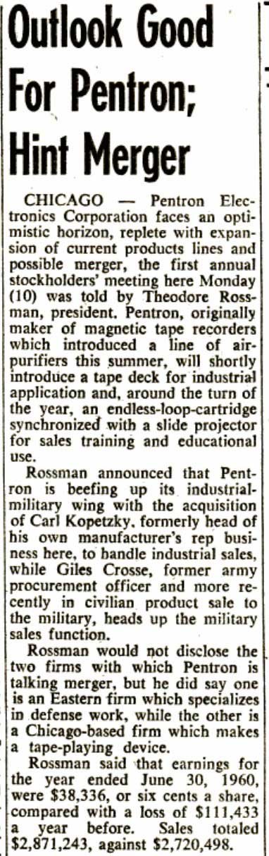 Pentron Billboard 1960 article in the Theophilus/MOMSR vintage recording collection
