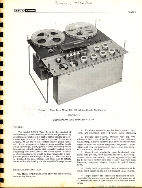 Eico RP-100 reel to reel tape recorder manual in the Reel2ReelTexas.com vintage reel tape recorder recording collection