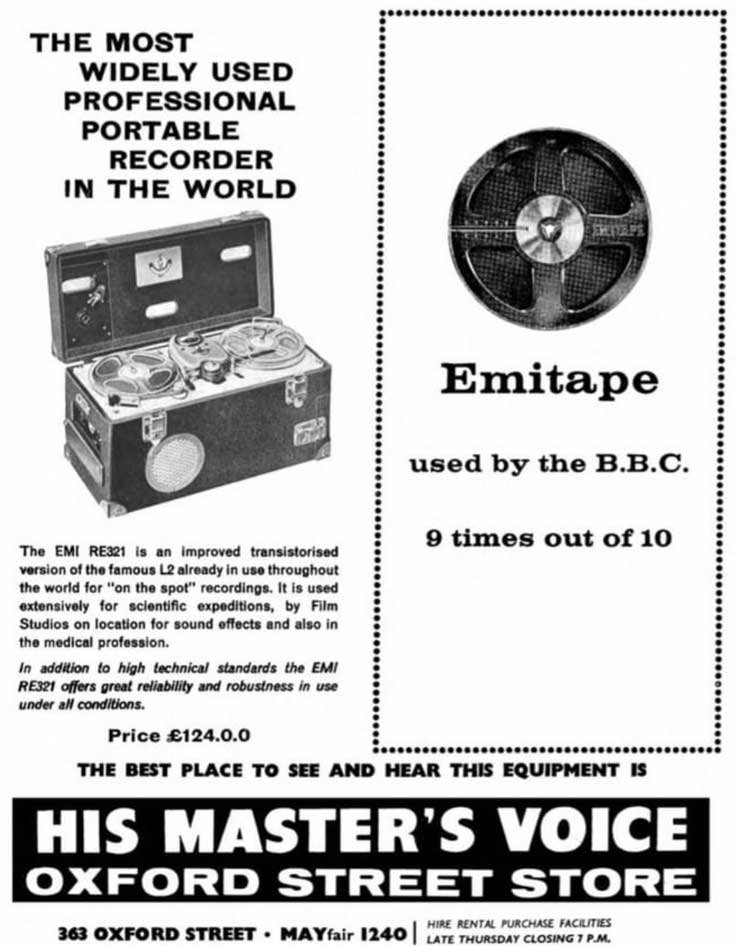 1962 ad for the EMI RE321 UK portable reel to reel tape recorder in the MOMSR/Reel2ReelTexas/Theophilus vintage recording collection