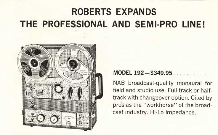 1962 - 1969 listing of the Roberts 192 Broadcast reel tape recorder in Reel2ReelTexas.com's vintage reel tape recorder recording collection
