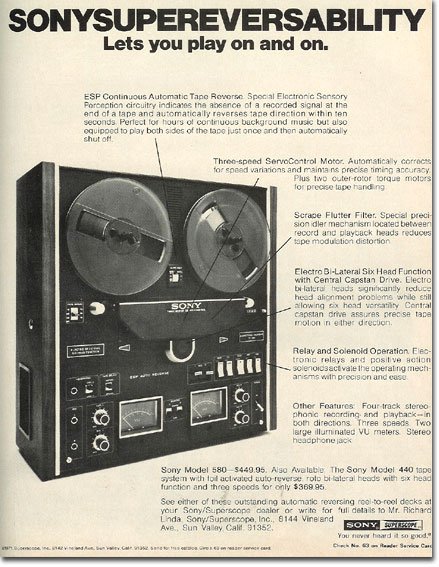 1971 ad for the Sony TC-580 reel tape recorder in the Reel2ReelTexas.com's vintage reel tape recorder recording collection