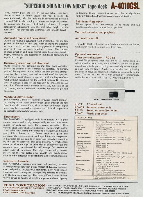 Brochure for the Teac A-4010GSL reel tape recorder in the Reel2ReelTexas.com vintage reel tape recorder recording collection