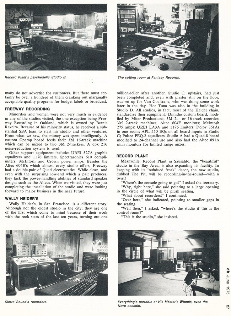 1975 Audio magazine article about the state of recording studios in San Francisco including Golden State Recording which mentions the Ampex 200A which is now in the Reel2ReelTexas.com vintage reel tape recorder recording collection