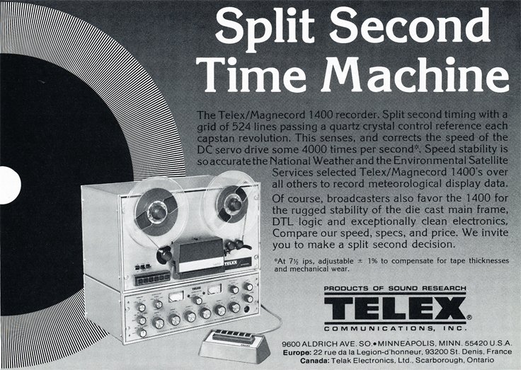 1977 ad for Telex 1400 reel to reel tape recorders in the Reel2ReelTexas.com vintage reel tape recorder recording collection