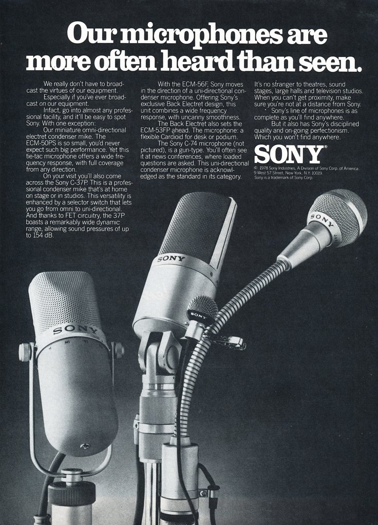 1978 ad for the Sony C37P microphones in Museum of Magnetic Sound Recording's vintage microphone and recording equipment collection