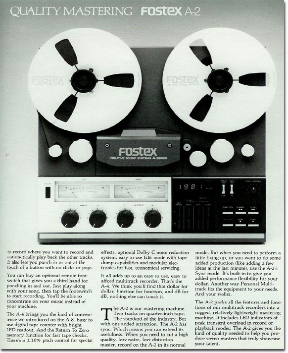 1981 ad for the Fostex A2 2 track reel to reel tape recorder in the Reel2ReelTexas.com vintage reel tape recorder recording collection