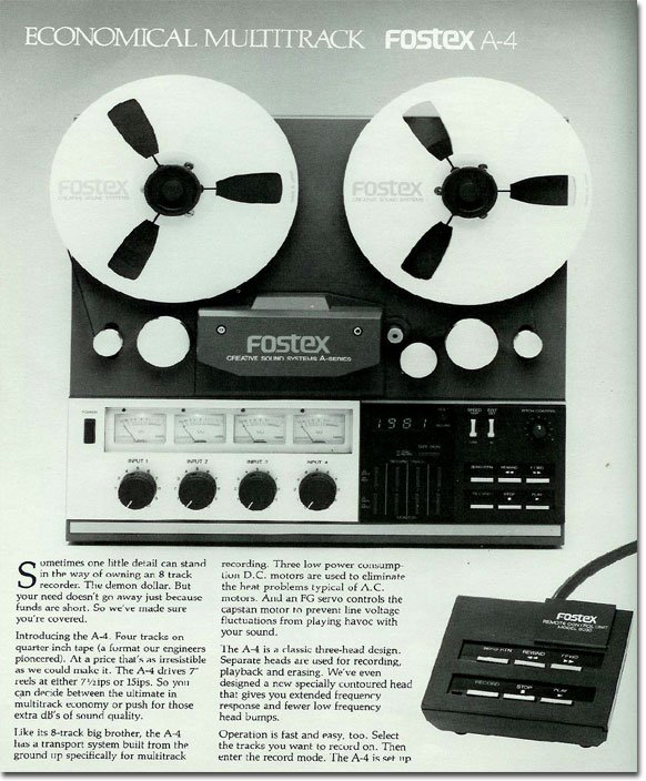 1981 ad for the Fostex A4 4 track reel to reel tape recorder in the Reel2ReelTexas.com vintage reel tape recorder recording collection