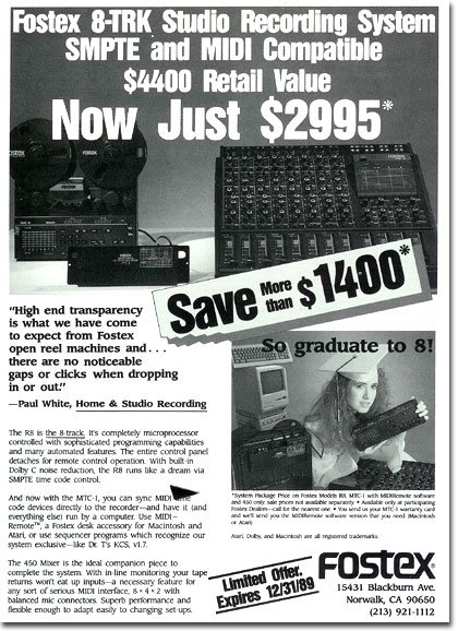 1989 ad for Fostex multi-track tape recording gearin the Reel2ReelTexas.com vintage reel tape recorder recording collection