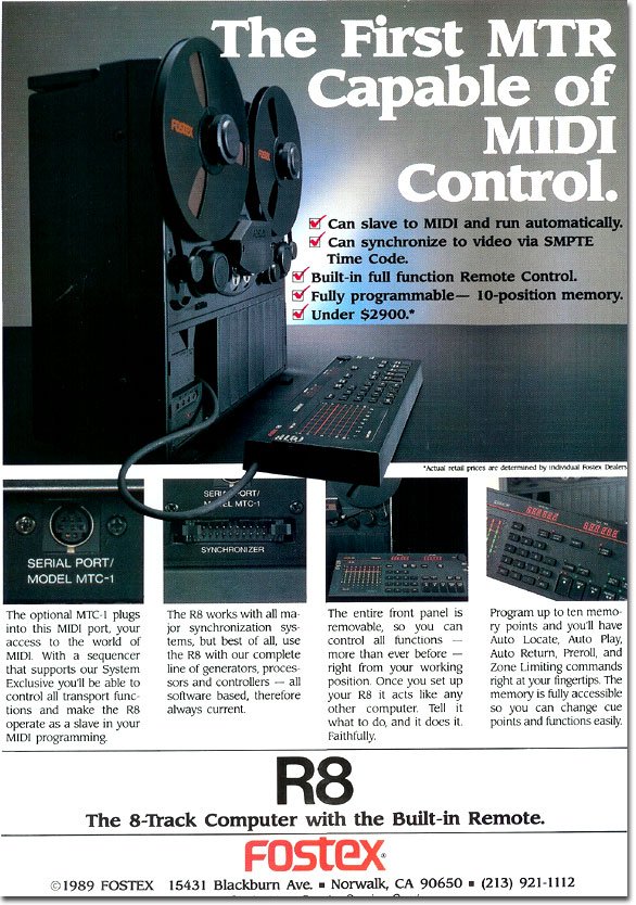 1989 ad for the Fostex R8 18 track reel tape recorder in the Reel2ReelTexas.com vintage reel tape recorder recording collection