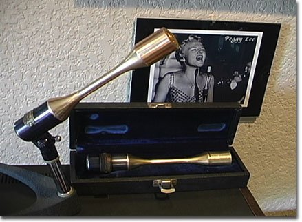 American D22 microphones with Peggy Lee photo in the backgroundin the Museum of Magnetic Sound Recording's vintage microphone and recording equipment collection