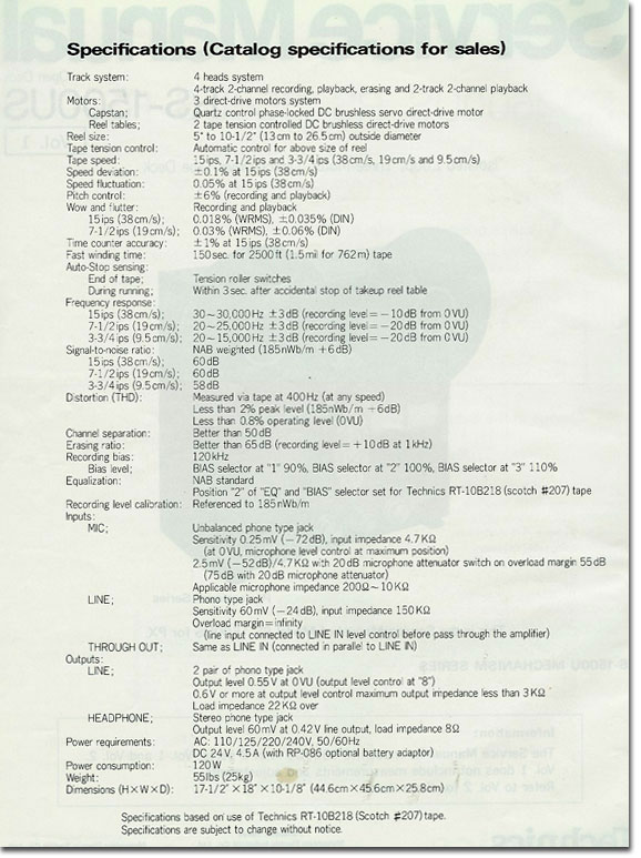 Technics RS-1500 reel tape recorder specifications in the Reel2ReelTexas.com vintage reel tape recorder recording collection
